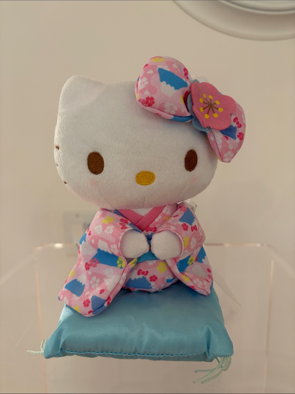 Sanrio Hello Kitty Plush in Pink Floral Kimono with Blue Cushion